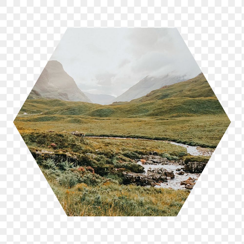 Highlands natural landscape  png hexagonal sticker, transparent background