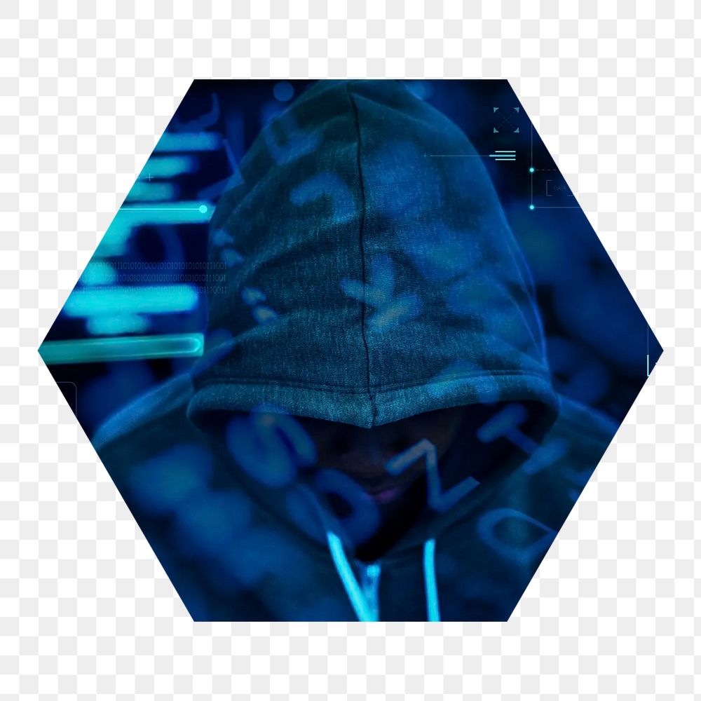 Hooded hacker  png hexagonal sticker, transparent background