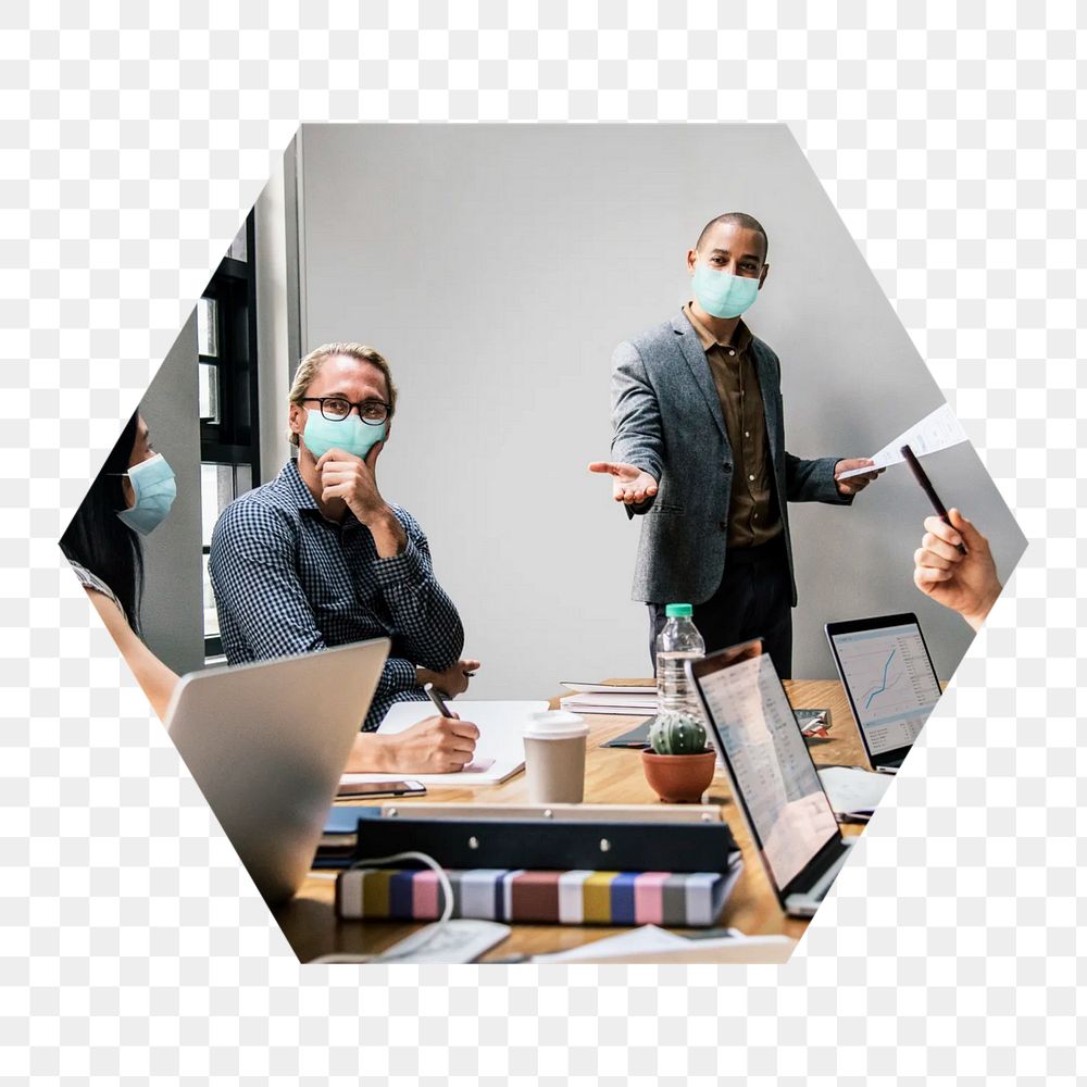 Png business meeting during pandemic hexagonal sticker, transparent background