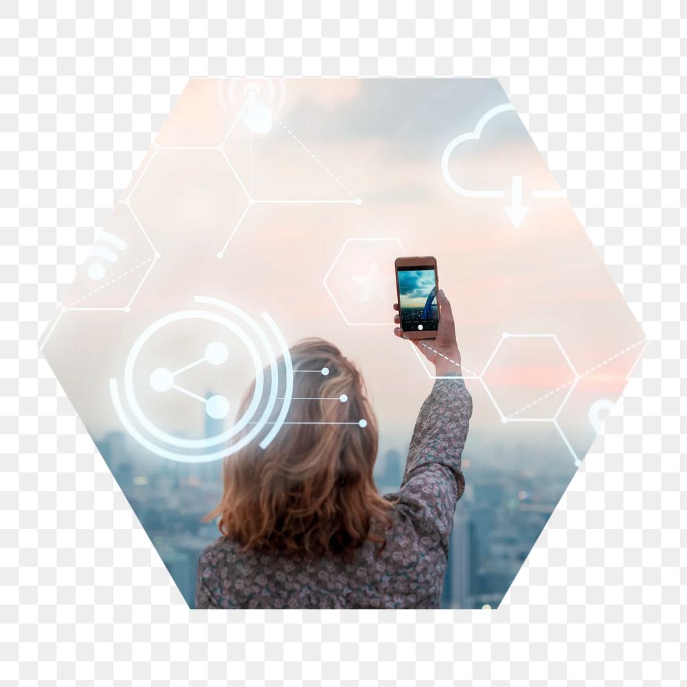 Digital lifestyle  png hexagonal sticker, transparent background