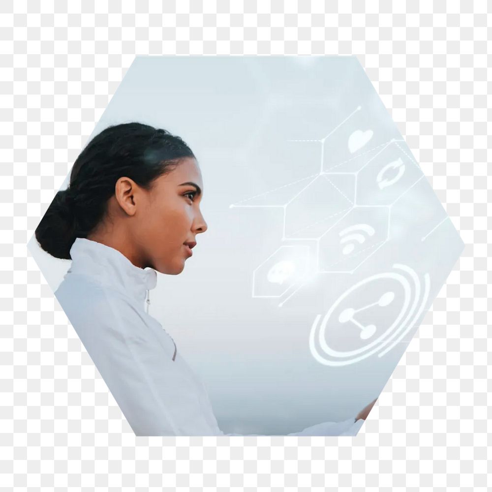 Png lady using wireless network hexagonal sticker, transparent background