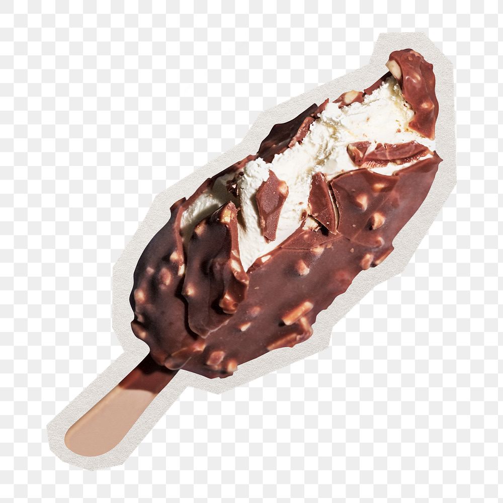 PNG chocolate ice cream bar sticker with white border, transparent background