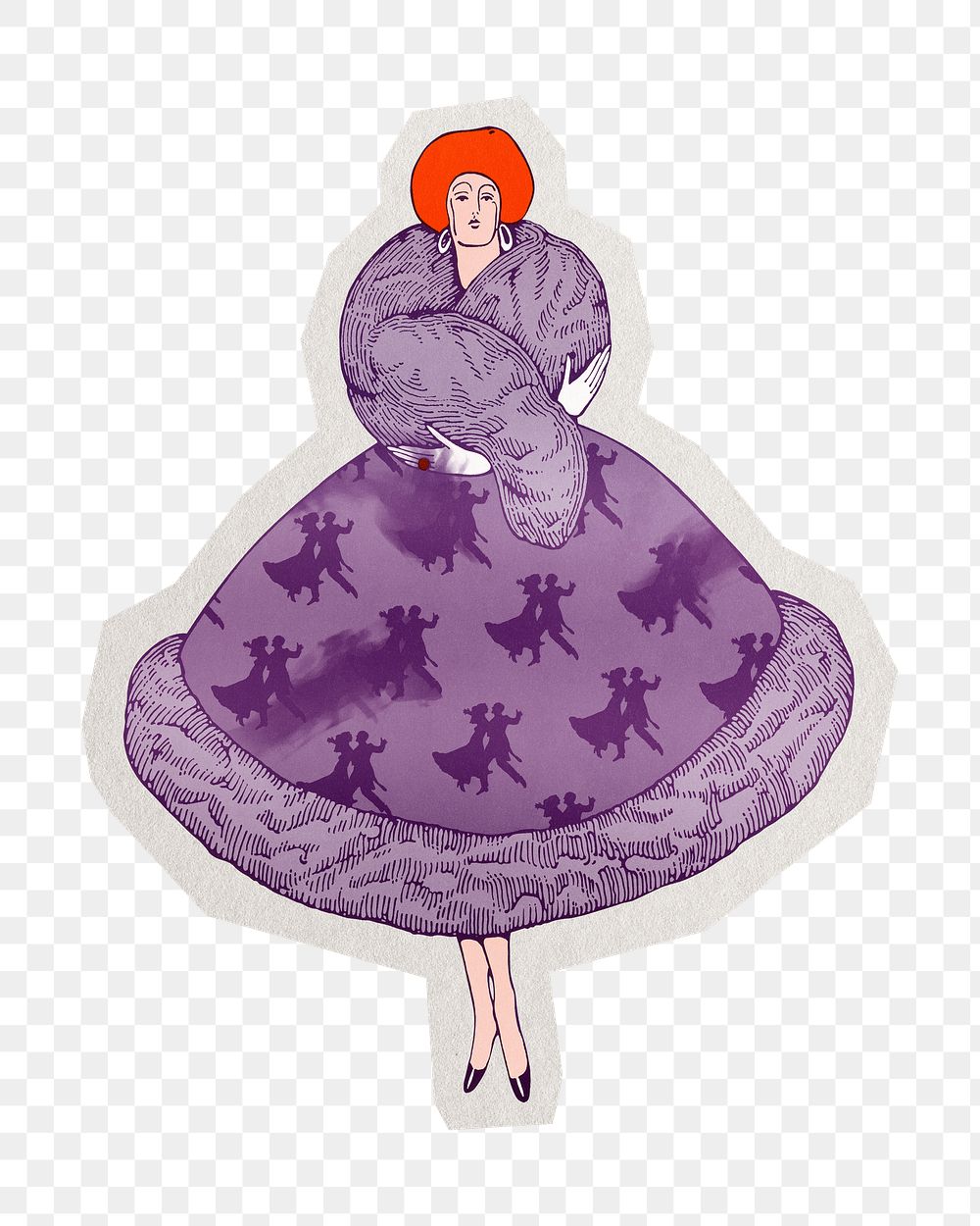 PNG vintage woman purple ball gown dress sticker with white border,  transparent background 