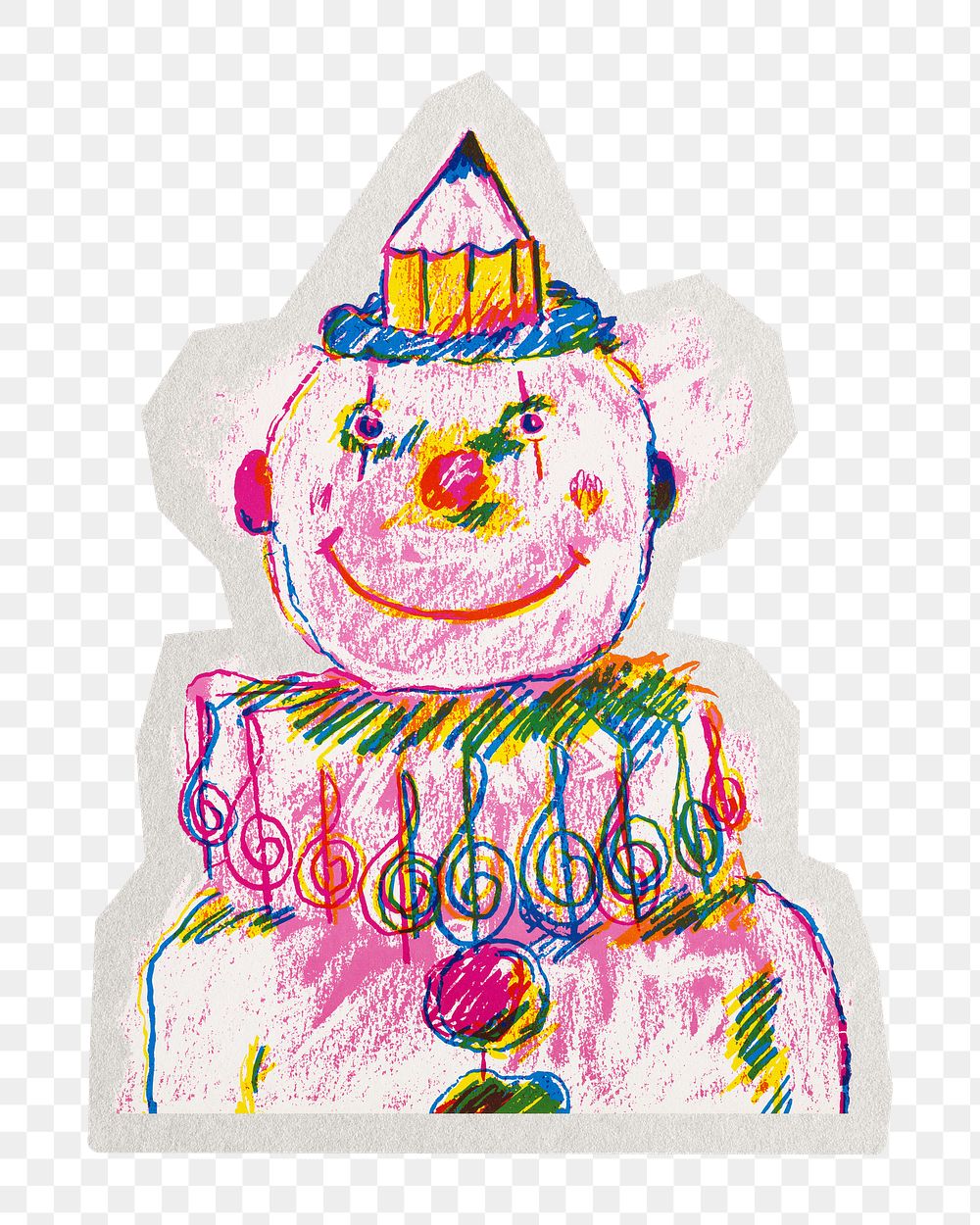 PNG clown doodle festive sticker with white border,  transparent background 