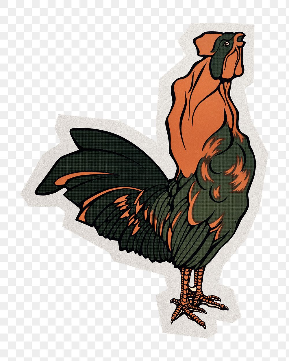 PNG vintage rooster sticker with white border,  transparent background