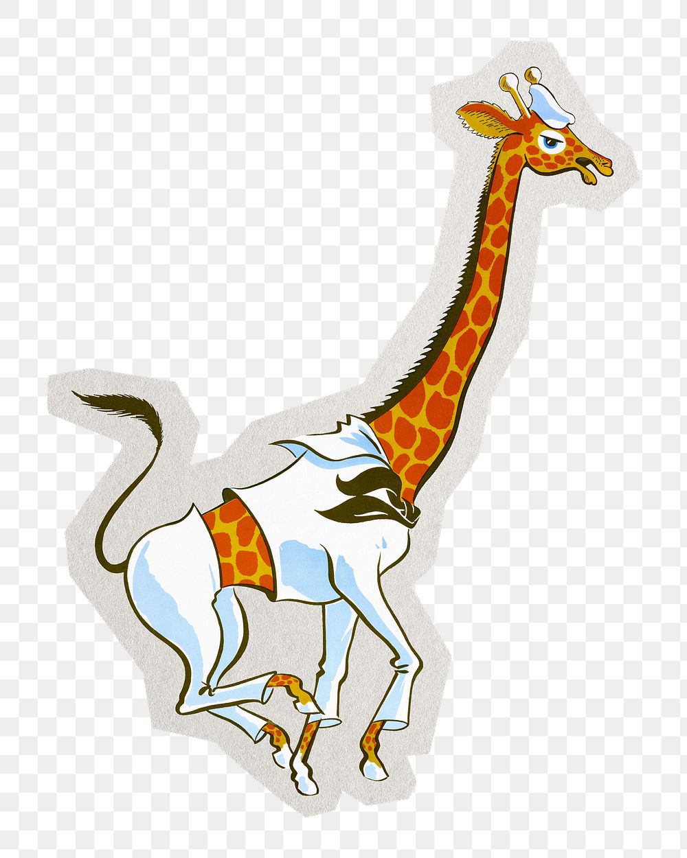 PNG giraffe in navy uniform cartoon sticker with white border,  transparent background