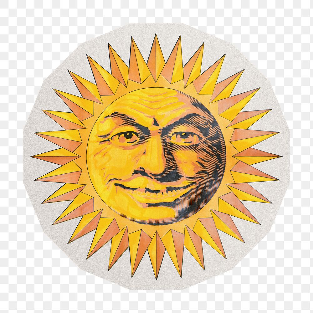 PNG smiling sun sticker with white border,  transparent background 