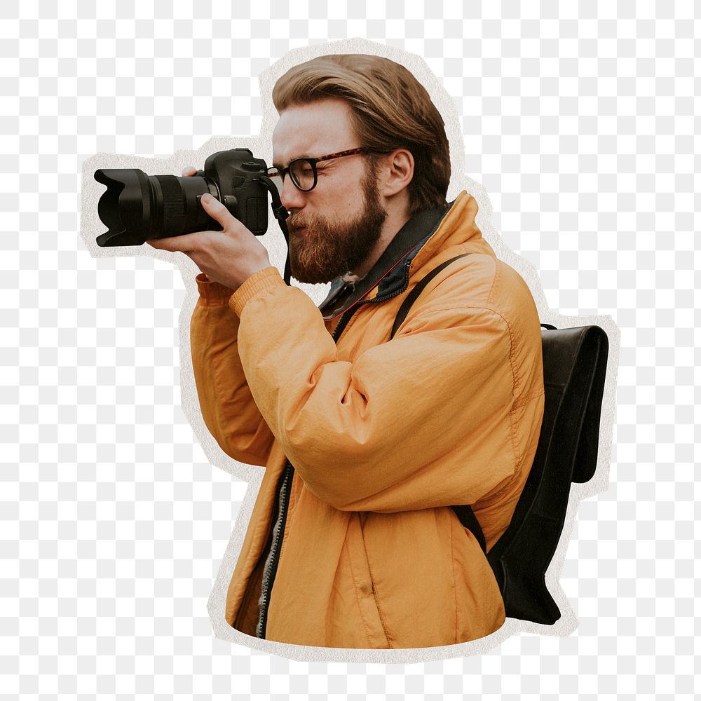 PNG photographer taking photo sticker with white border, transparent background
