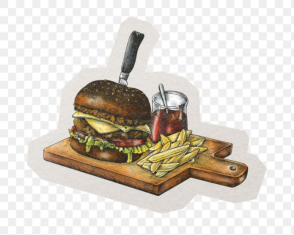 PNG vintage burger sticker with white border, transparent background