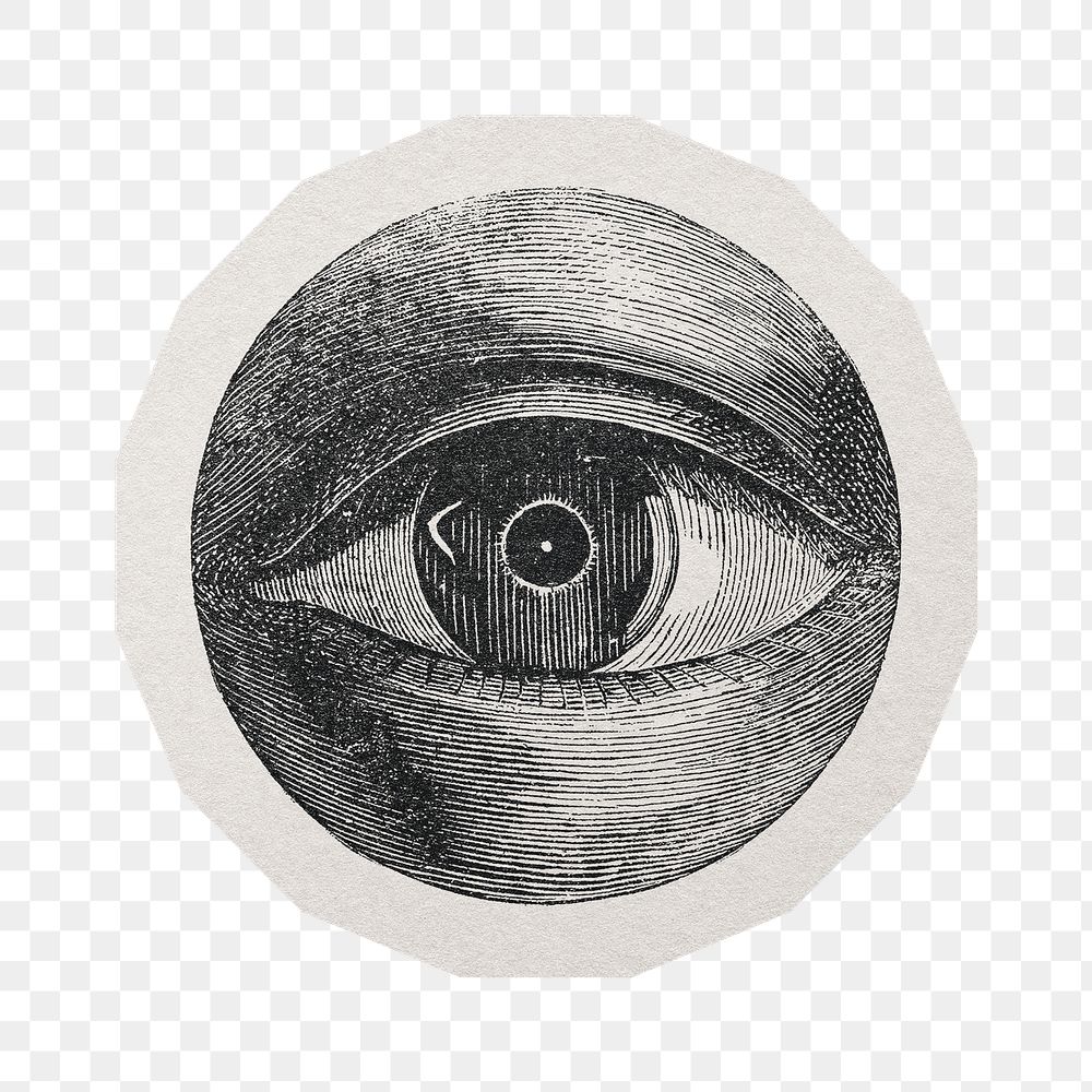 PNG vintage eye sticker with white border, transparent background
