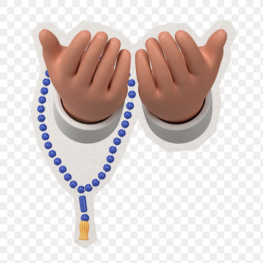 PNG praying hands 3D sticker with white border, Islamic prayer beads, transparent background