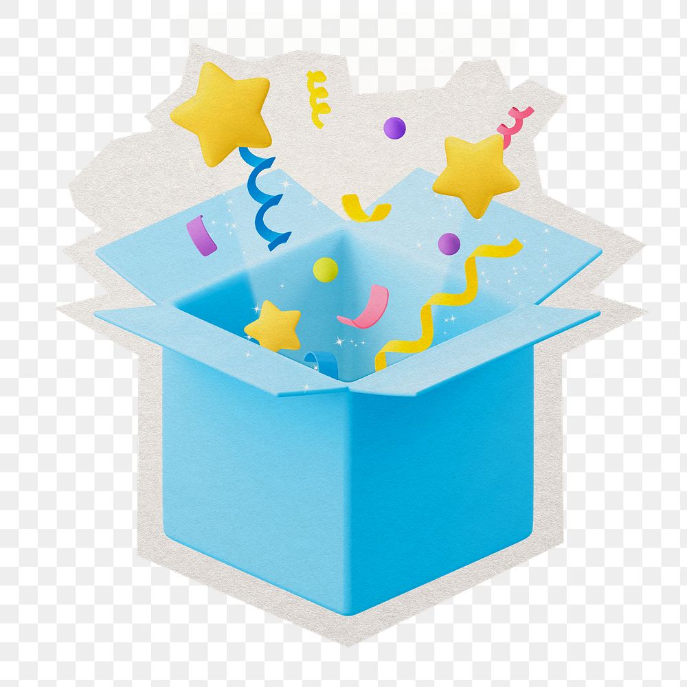 PNG 3D confetti open box, gift, present object, transparent background