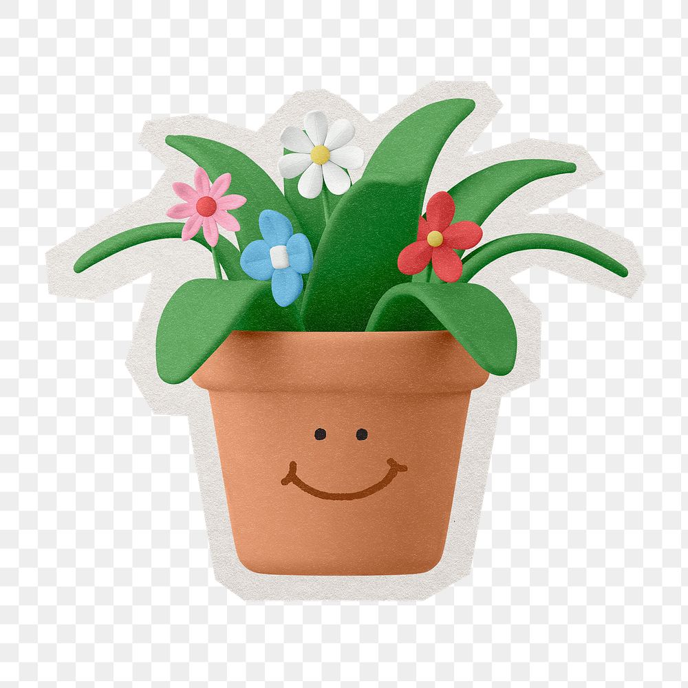 PNG 3D emoticon smiling houseplant sticker with white border, transparent background