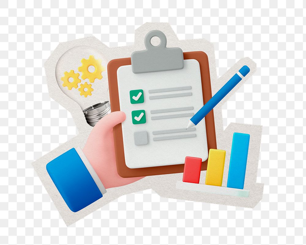 PNG 3D company evaluation hand holding checklist sticker with white border, transparent background