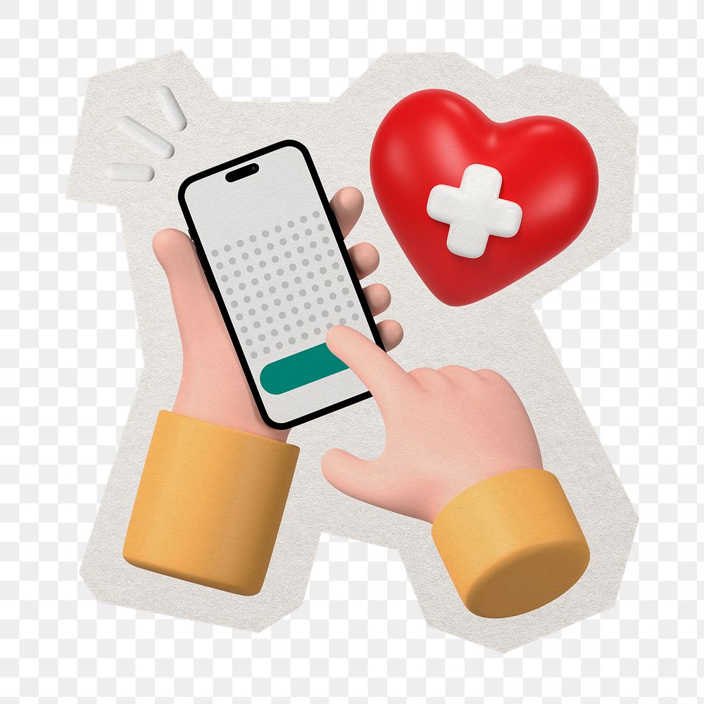 PNG 3D hand holding phone health tracking app sticker with white border, transparent background