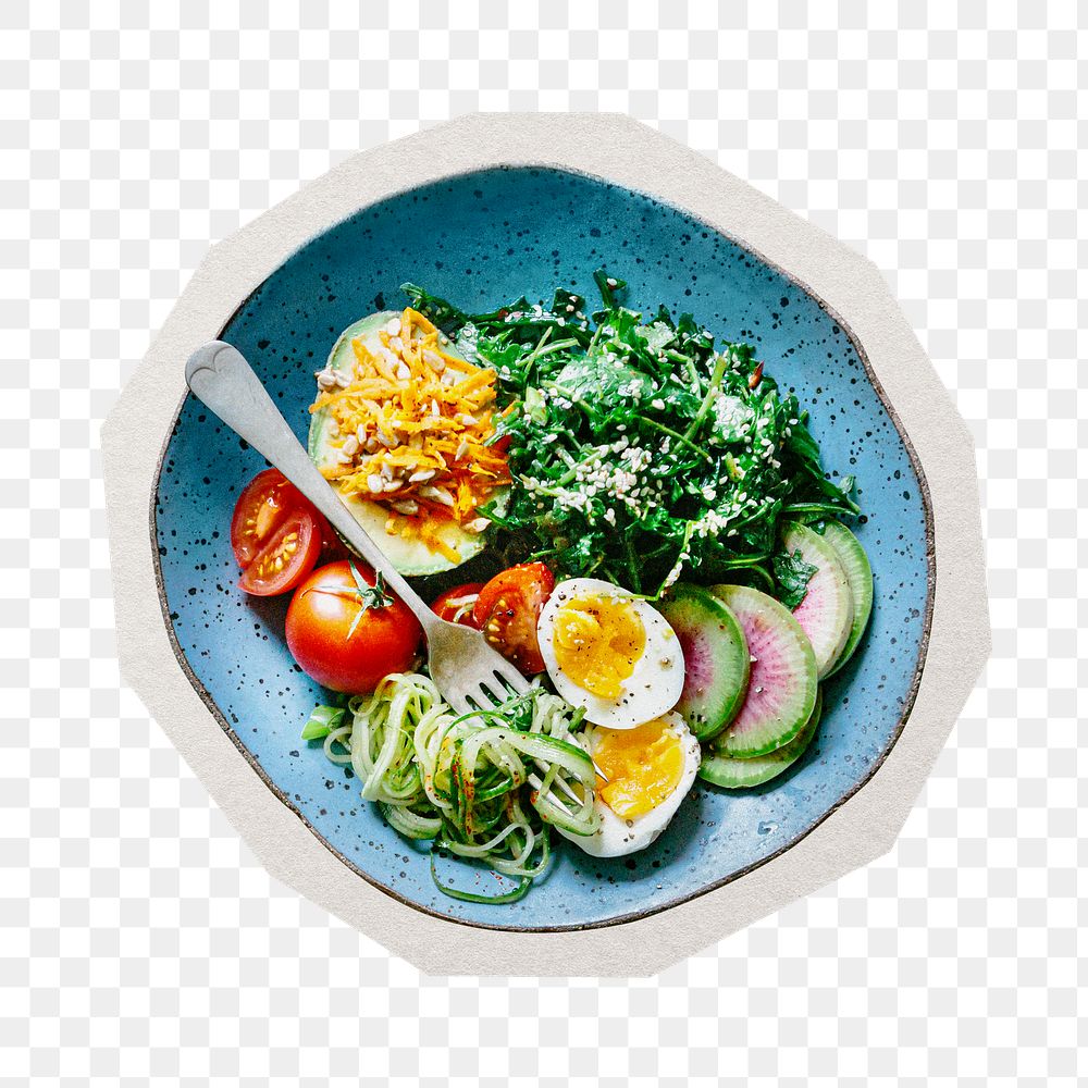 PNG veggie bowl sticker with white border,  transparent background