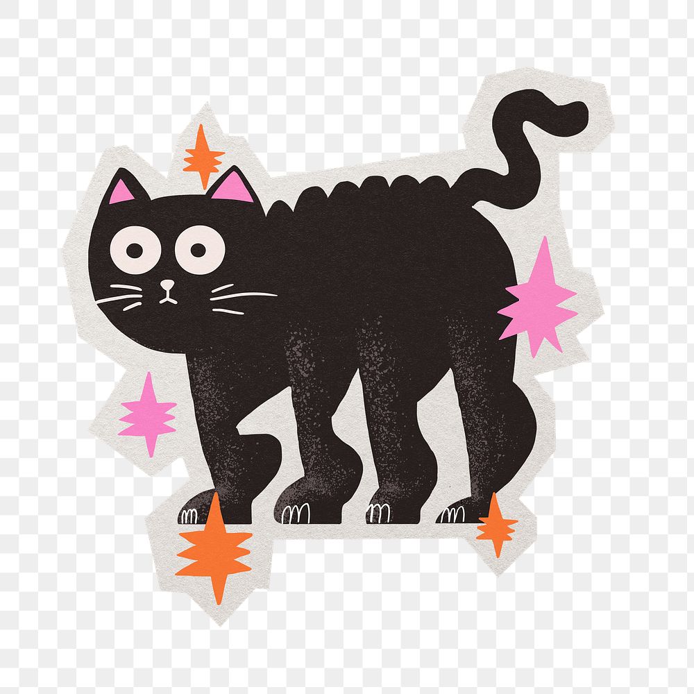 PNG black cat Halloween cartoon sticker with white border, transparent background