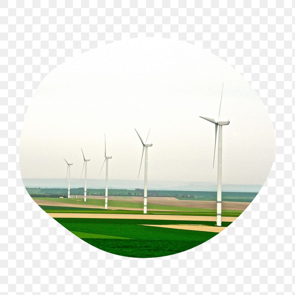 PNG Windmill for clean energy in round shape, transparent background