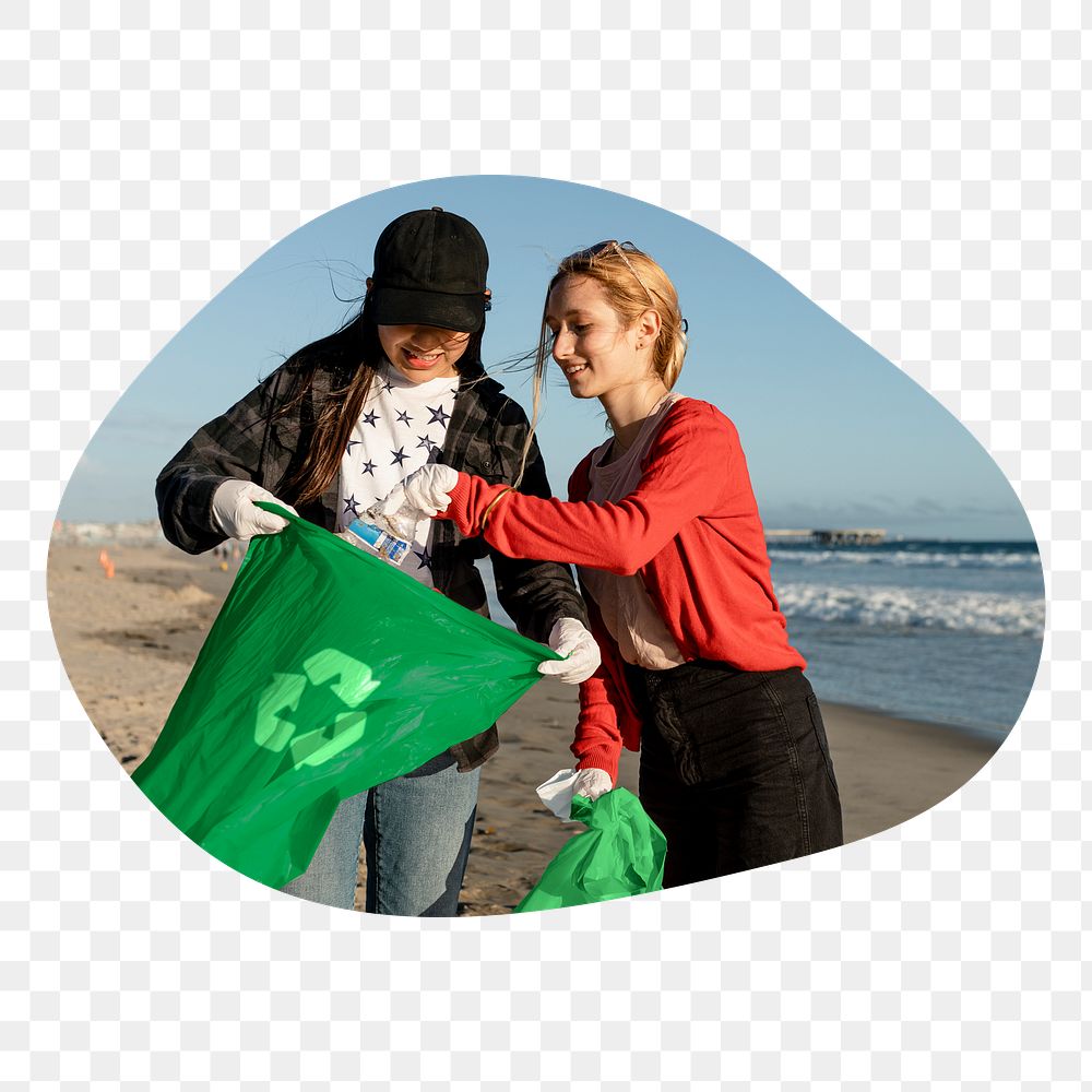 PNG Trash pick up volunteering at the beach, round badge transparent background