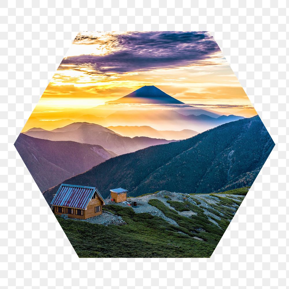 PNG Nature mountain landscape  in hexagon shape, transparent background