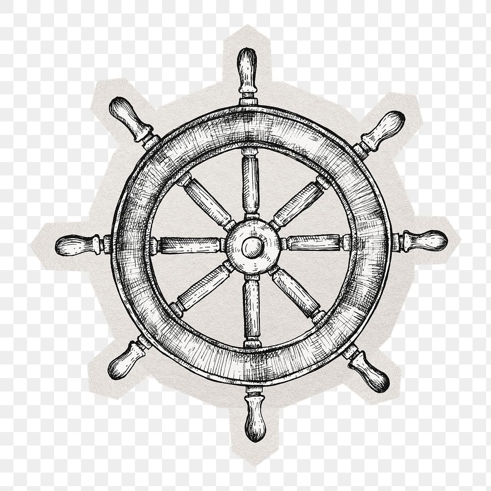 PNG black and white ship wheel sticker, transparent background