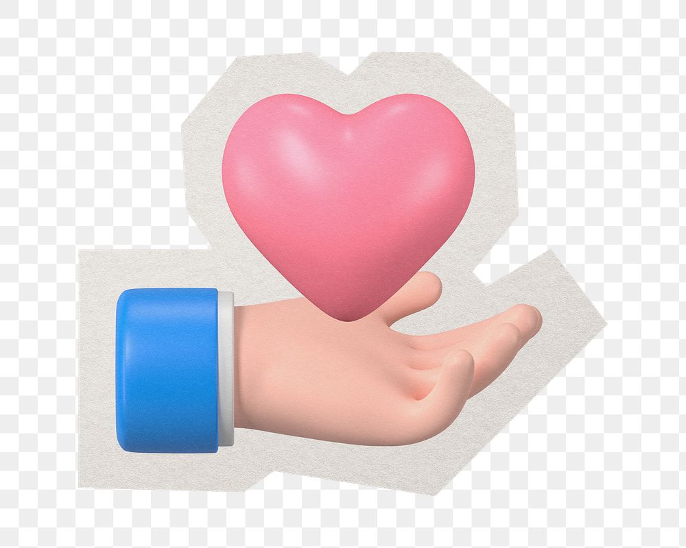 PNG charity hand showing heart sticker  white border, transparent background