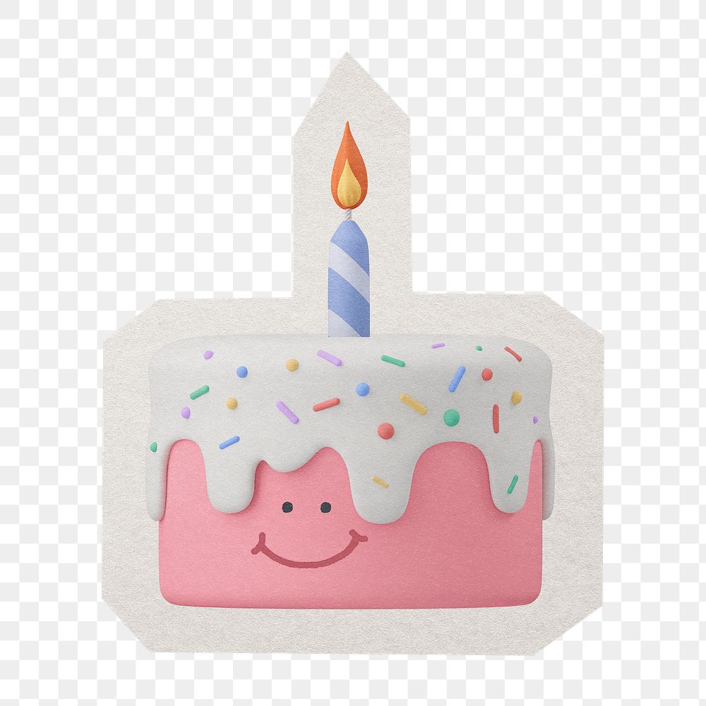 PNG smiling birthday cake 3D emoticon sticker  white border, transparent background