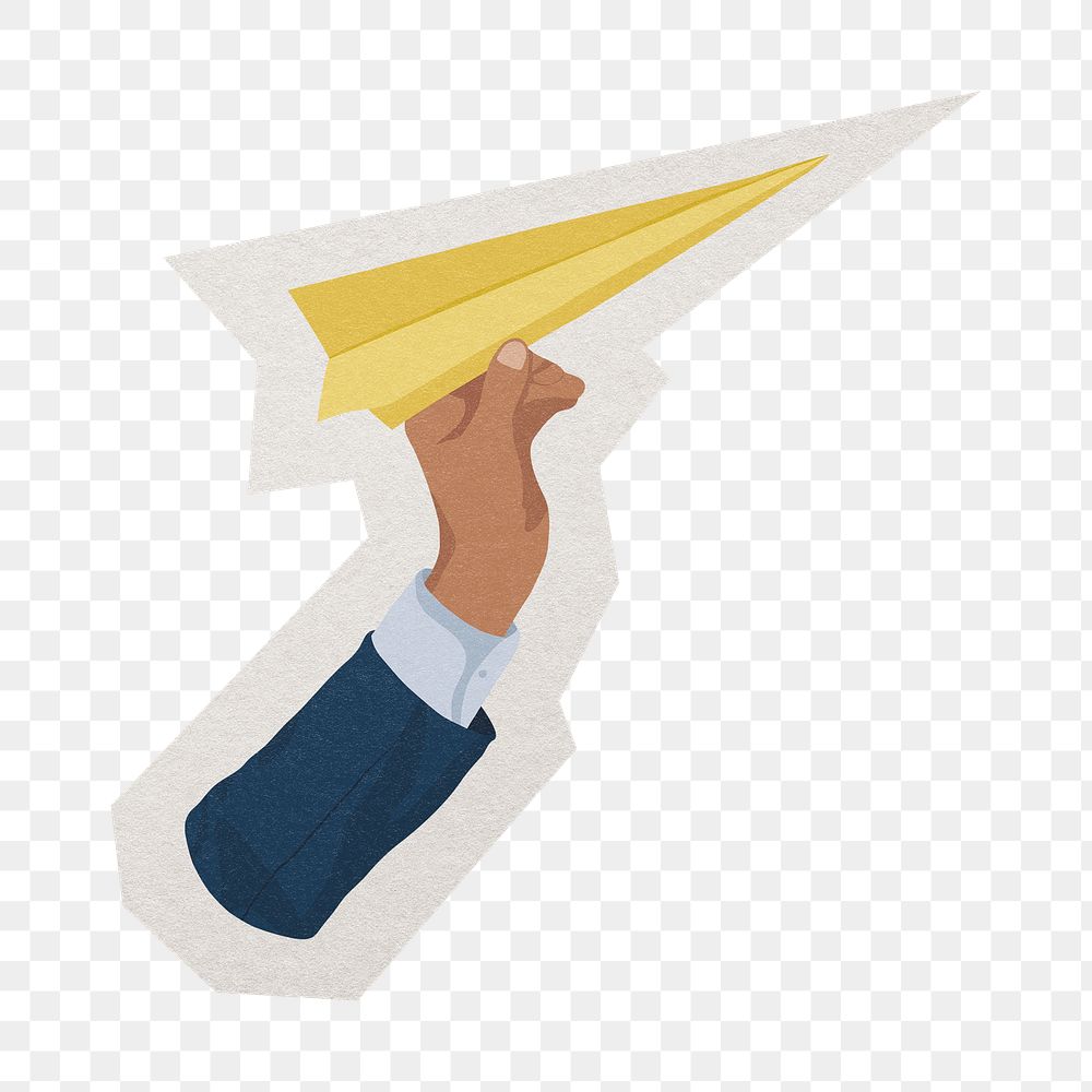PNG paper plane sticker  white border, businessman's hand holding graphic, transparent background