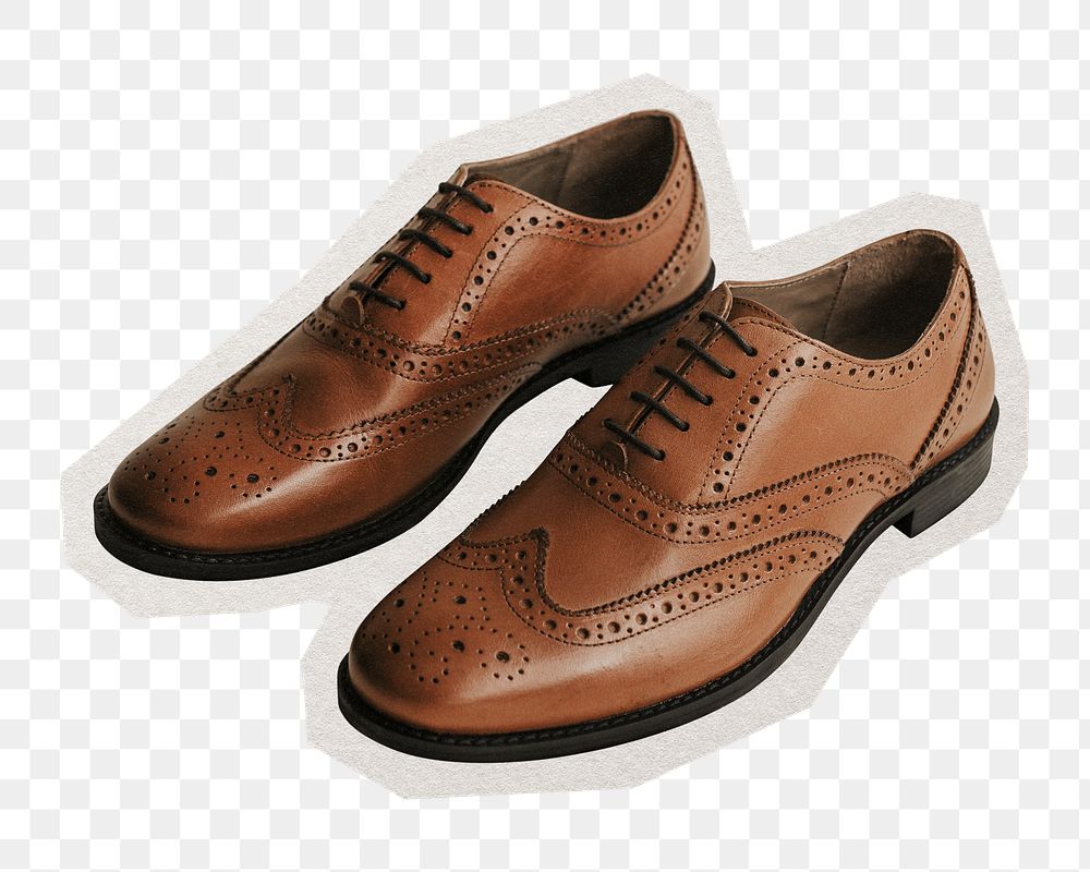 PNG men's brown leather derby shoes sticker with white border,  transparent background