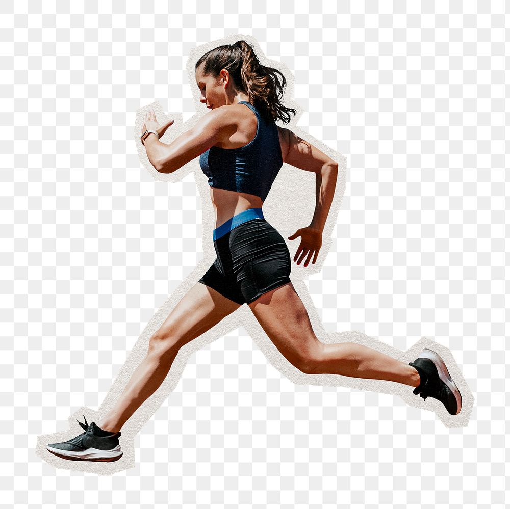 PNG woman athlete running sticker with white border transparent background