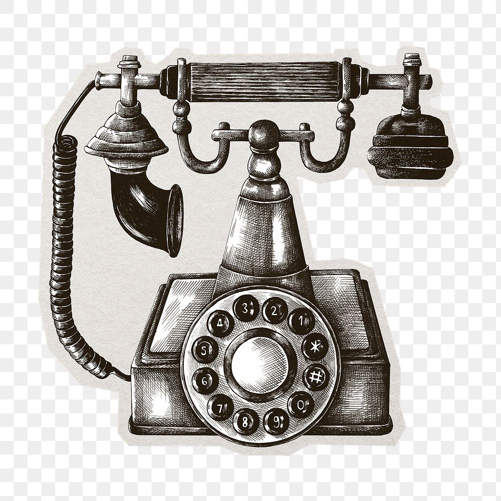 PNG retro line telephone sticker with white border,  transparent background