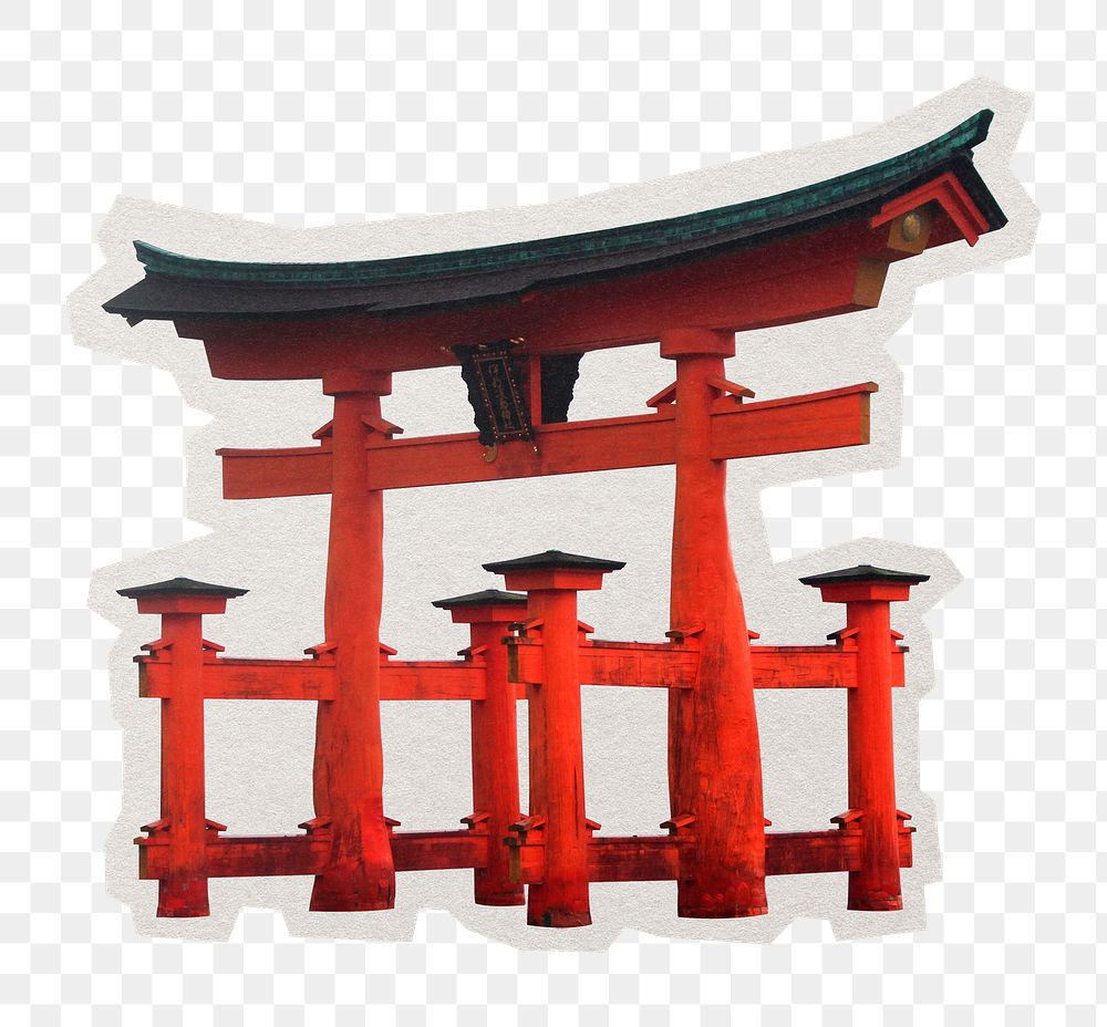 PNG Japanese Torii gate sticker with white border, transparent background