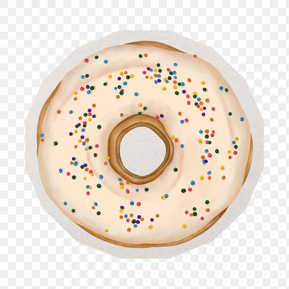 PNG vanilla donut sticker with white border, transparent background