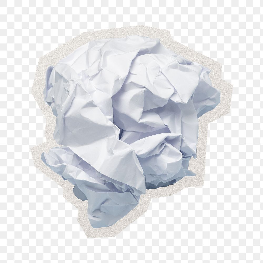 PNG crumpled paper ball sticker with white border, transparent background
