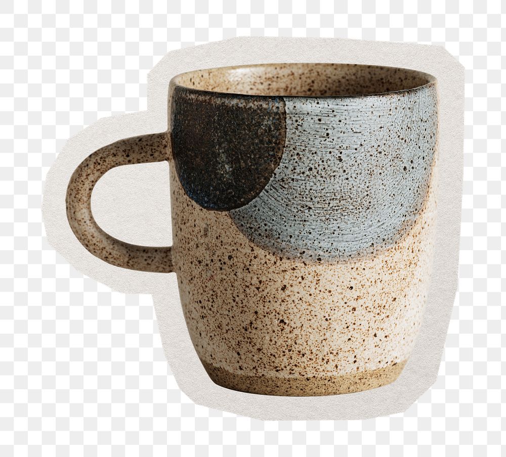 PNG rustic speckled mug sticker with white border, transparent background