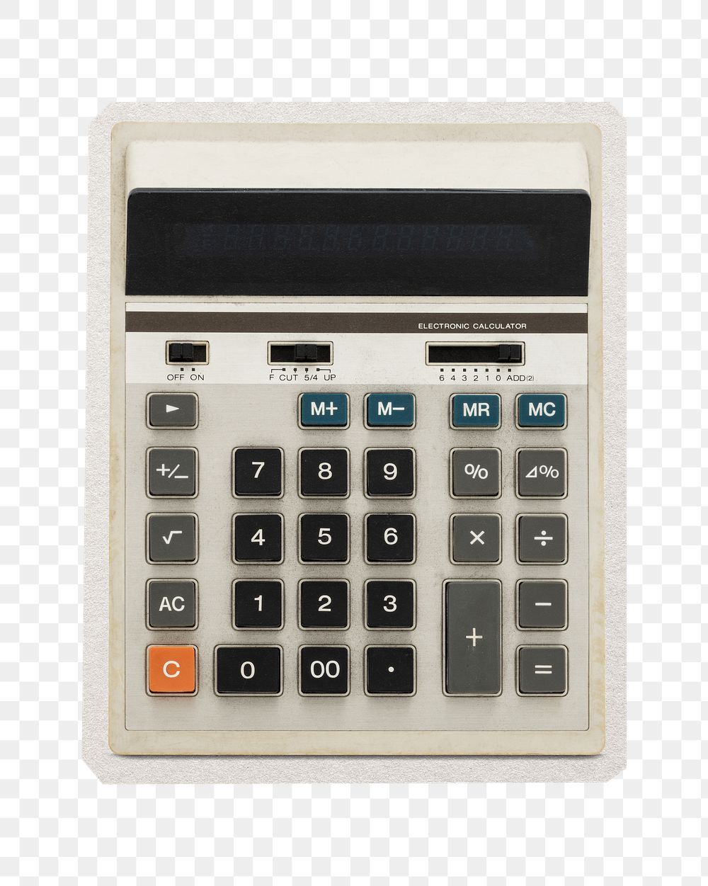 PNG old electric calculator sticker with white border,  transparent background
