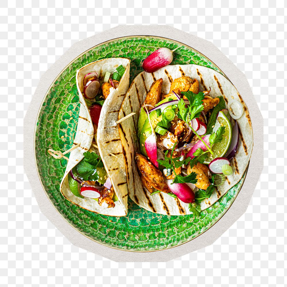 PNG homemade chicken tacos sticker with white border,  transparent background