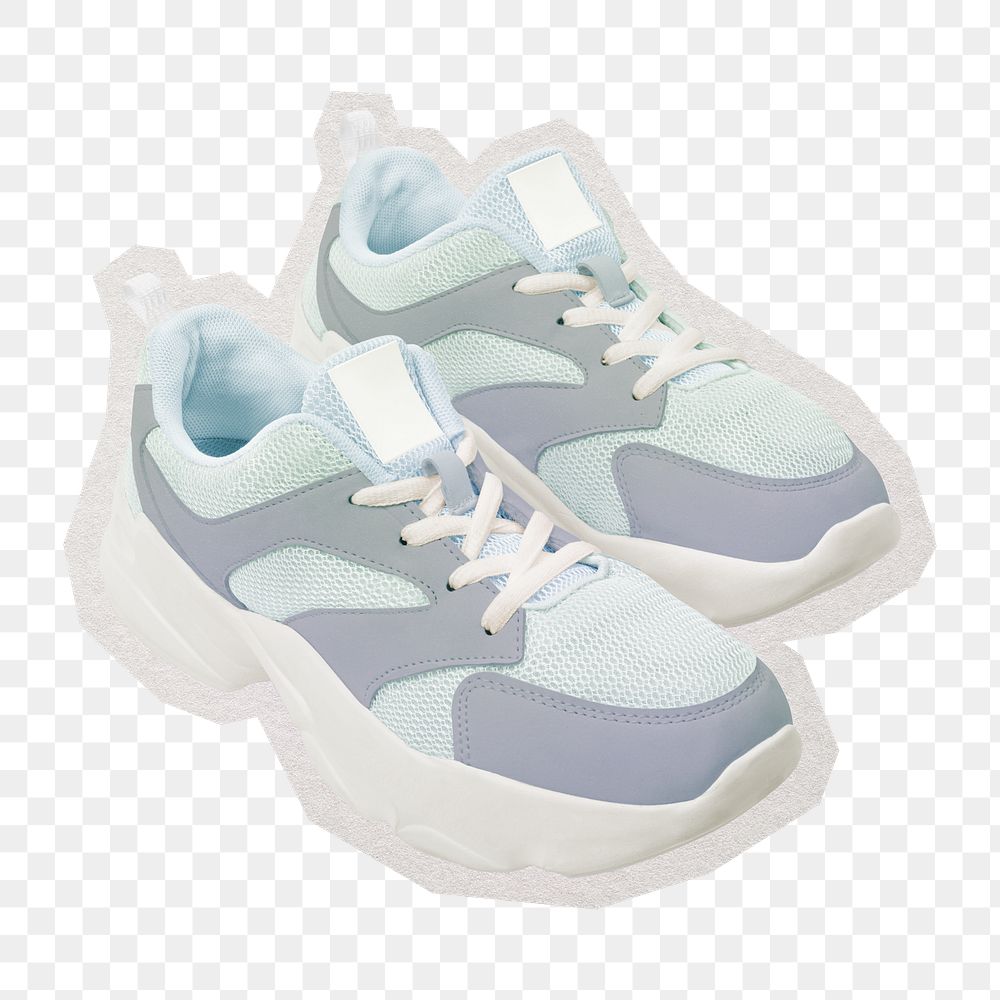 PNG blue trainer sneakers sticker with white border,  transparent background