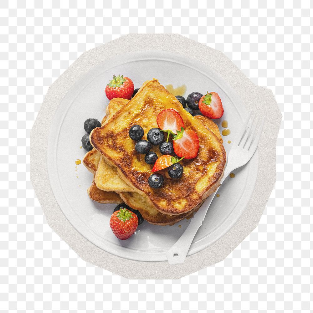 PNG French toast breakfast sticker with white border,  transparent background