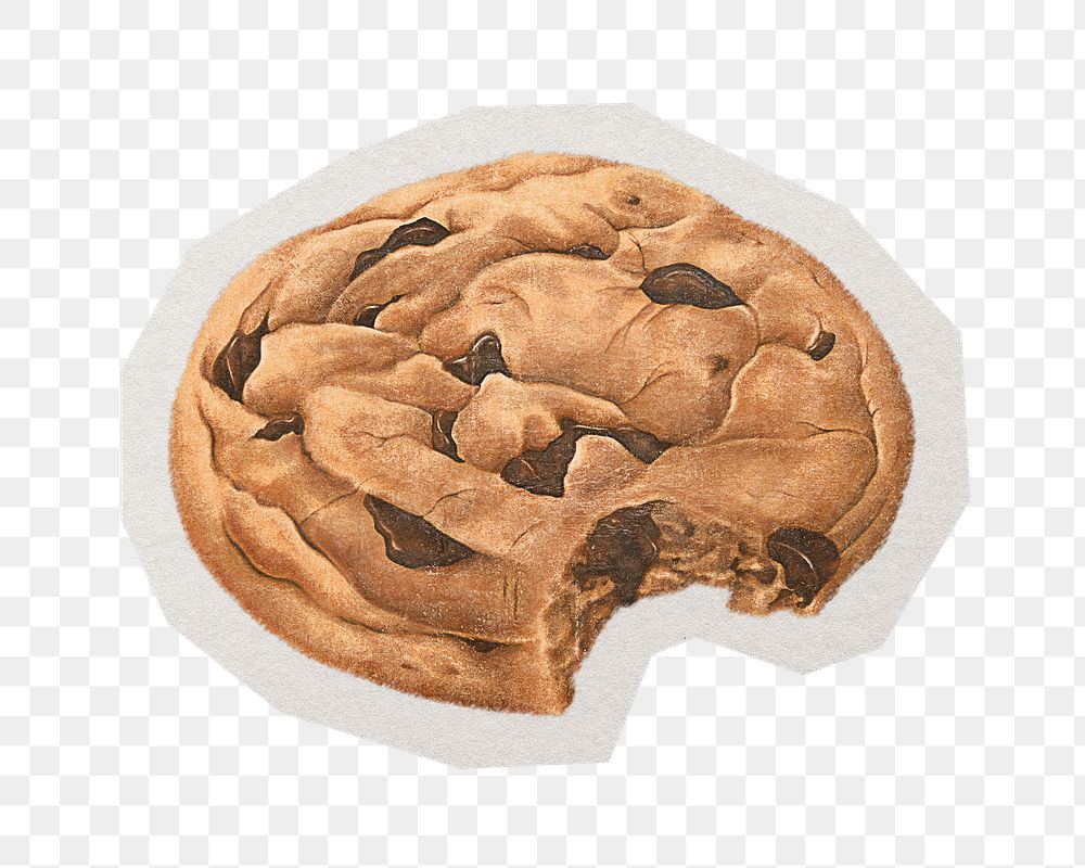 PNG bitten chocolate chip cookie sticker with white border, transparent background
