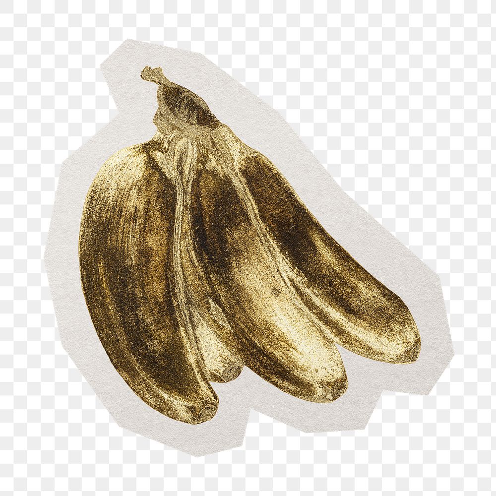 PNG gold banana sticker with white border, transparent background