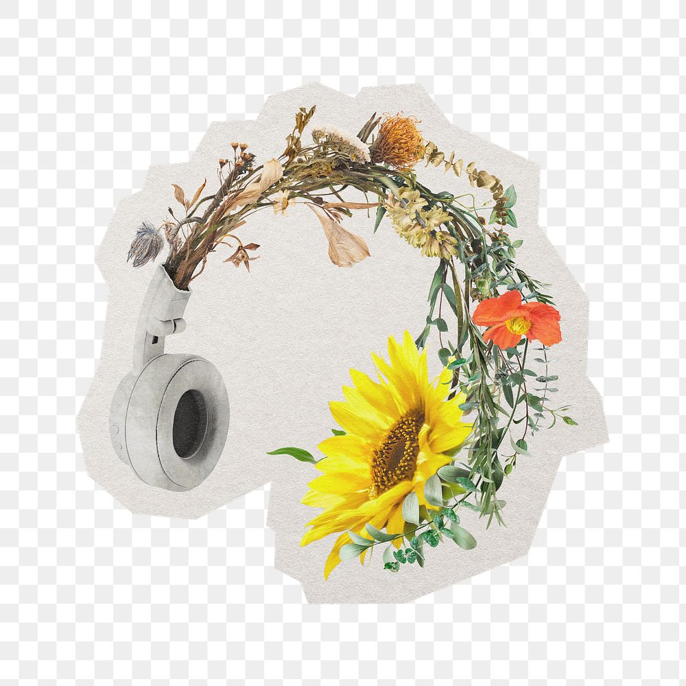 PNG blooming flower headphones sticker with white border, transparent background
