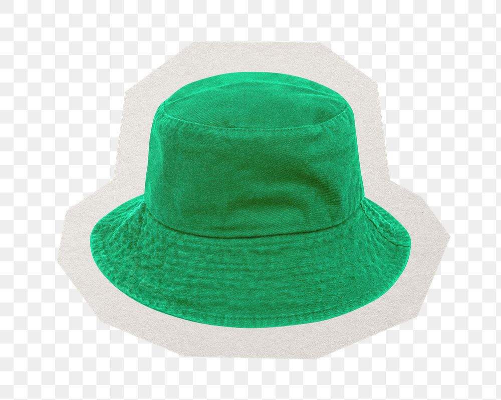 PNG  green bucket hat sticker with white border, transparent background