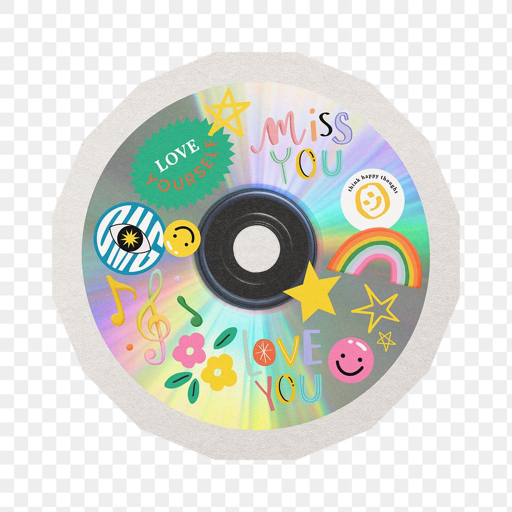PNG cute colorful disc sticker with white border, transparent background