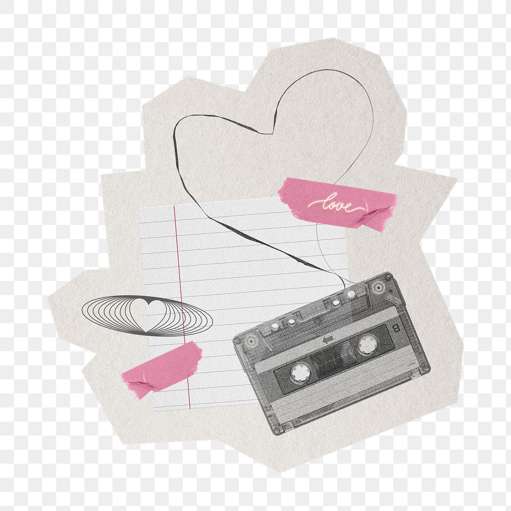 PNG love cassette tape Valentine's day sticker with white border, transparent background
