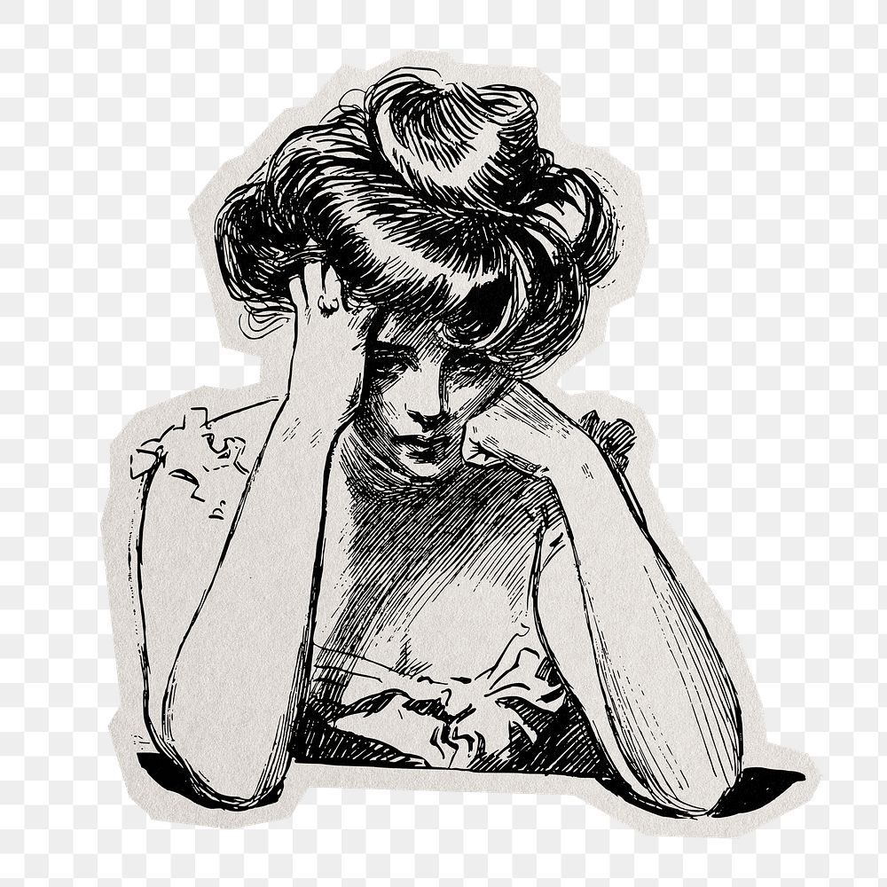 PNG stressful woman sticker with white border, transparent background 