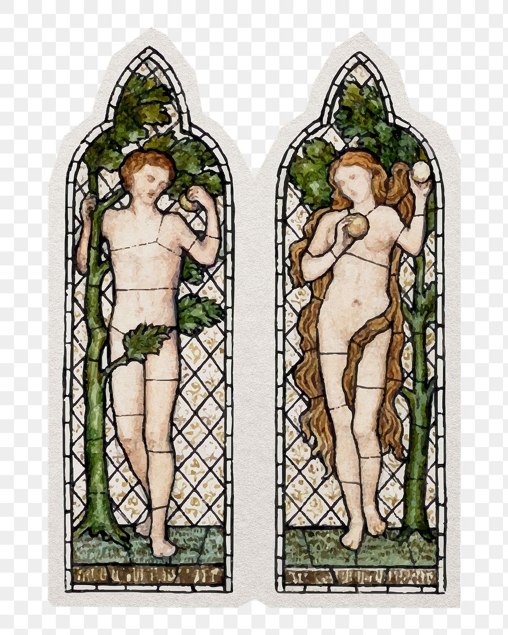 PNG vintage Adam and Eve sticker with white border, transparent background 