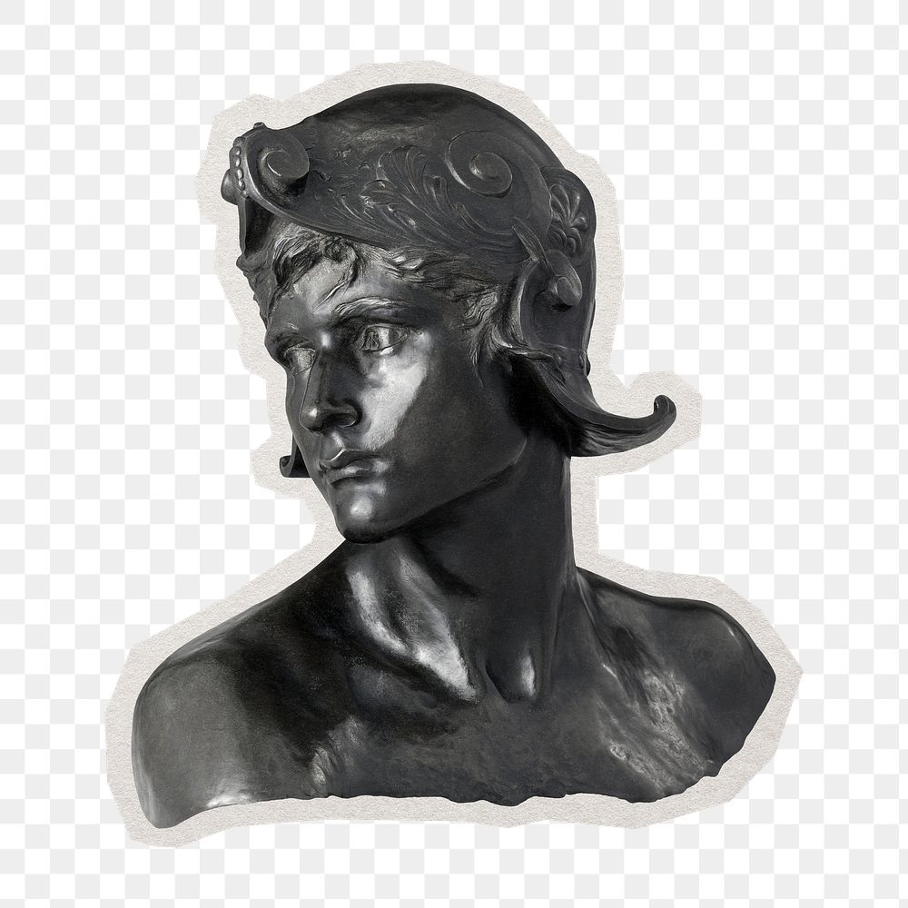 PNG aesthetic warrior head sculpture sticker with white border, transparent background 