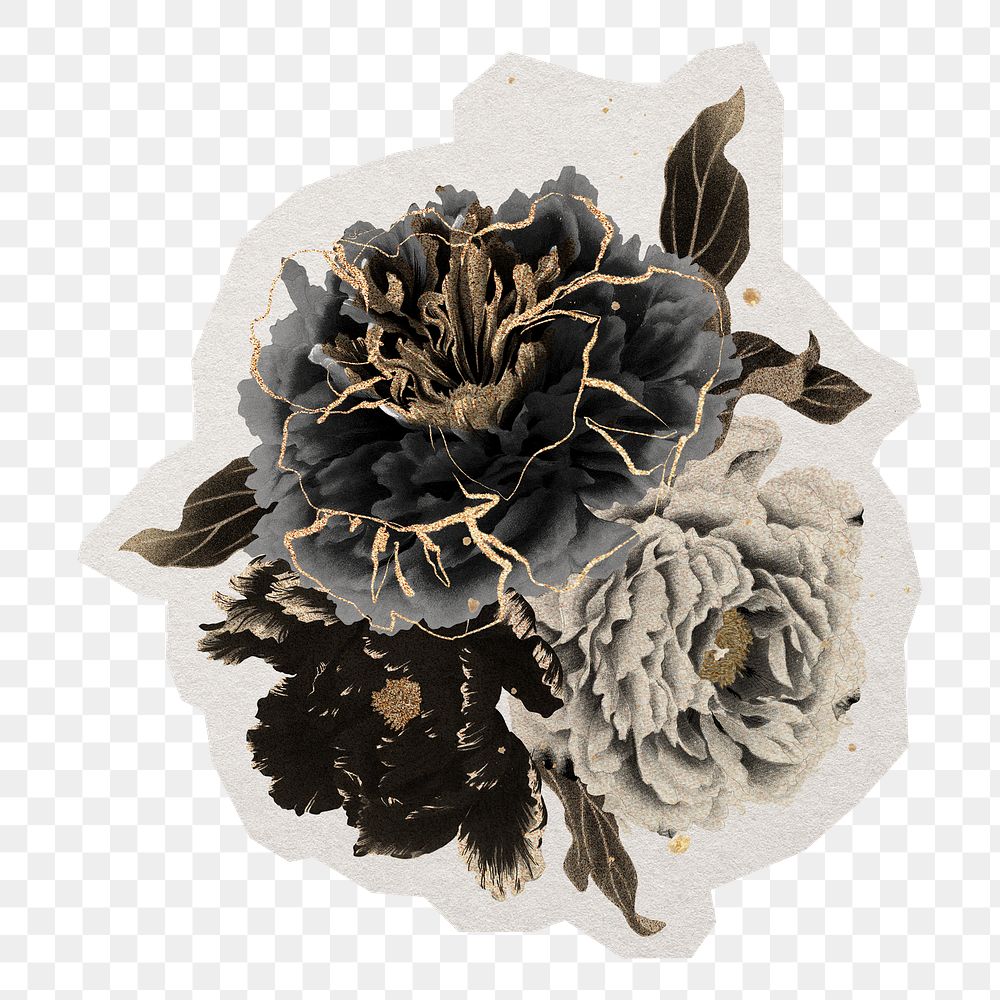 PNG black roses sticker with white border, transparent background 