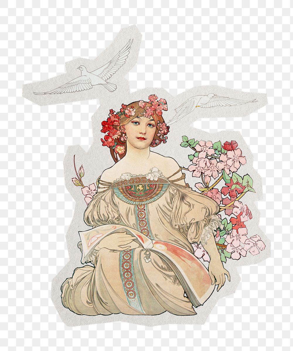PNG vintage floral lady sticker with white border, transparent background, artwork remixed by rawpixel.
